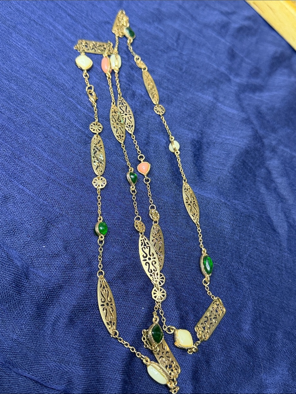 Gold-Tone Multi-Stone Long Necklace with Green & Pink Accents